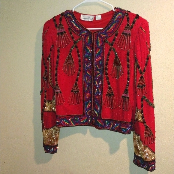 Beautiful Vintage Lawrence Kagar Heavily beaded 100% Silk Shell 80's Egyptian L - Picture 1 of 8